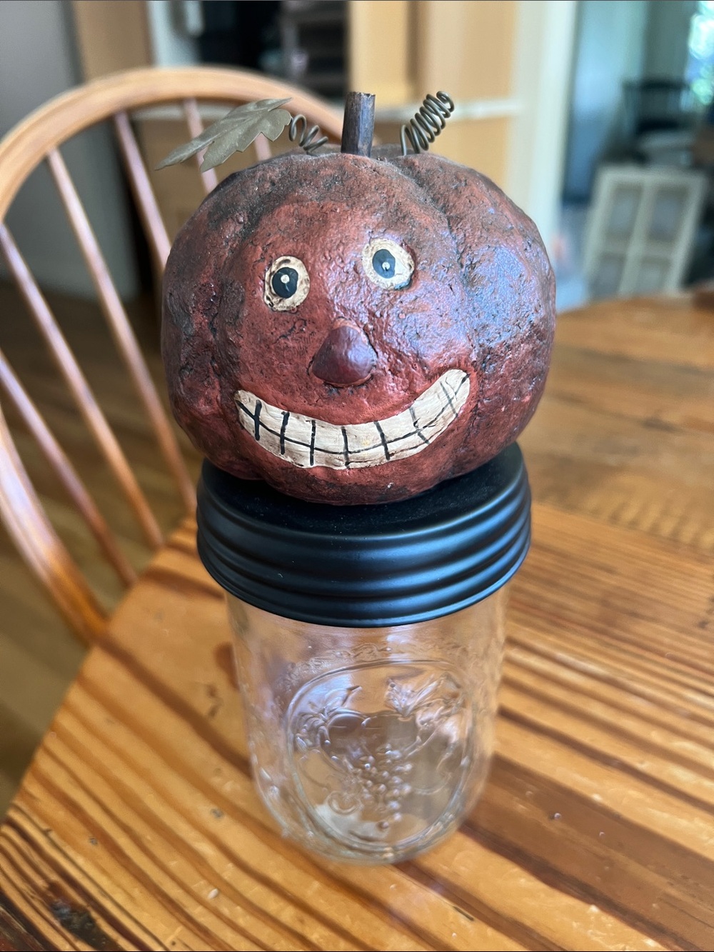 Primitive Smiling Pumpkin Mason Jar Topper - Rustic Orange